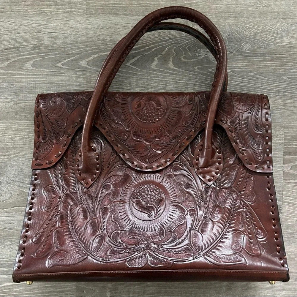 Large Top Handle Messenger Satchel Handtooled Leather Bag